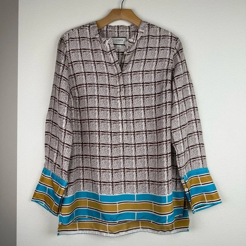 J. Crew Collection Silk Twill Speckled Plaid Blouse Tunic Gold Blue Womens Small